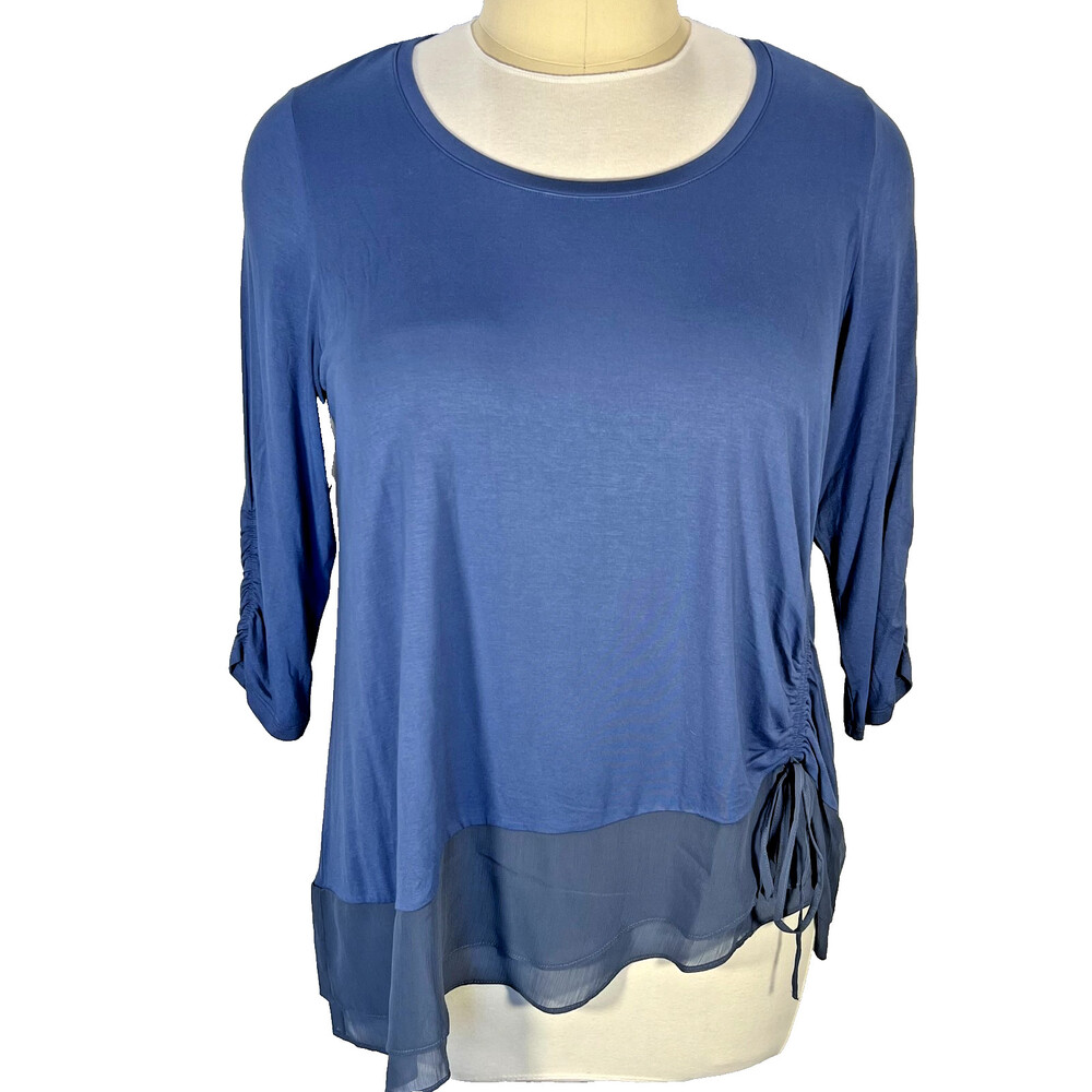H by Halston Tunic Top Blouse Womens 1X Smokey Blue Scoop Neck Ruched Sleeve